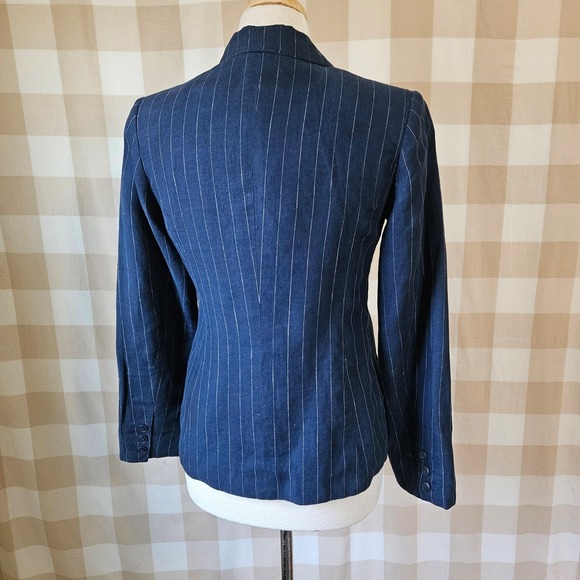 Hennes Navy Blue Pinstripe Tailored Linen Blazer Jacket Preppy Nautical Size 6 - Picture 7 of 9